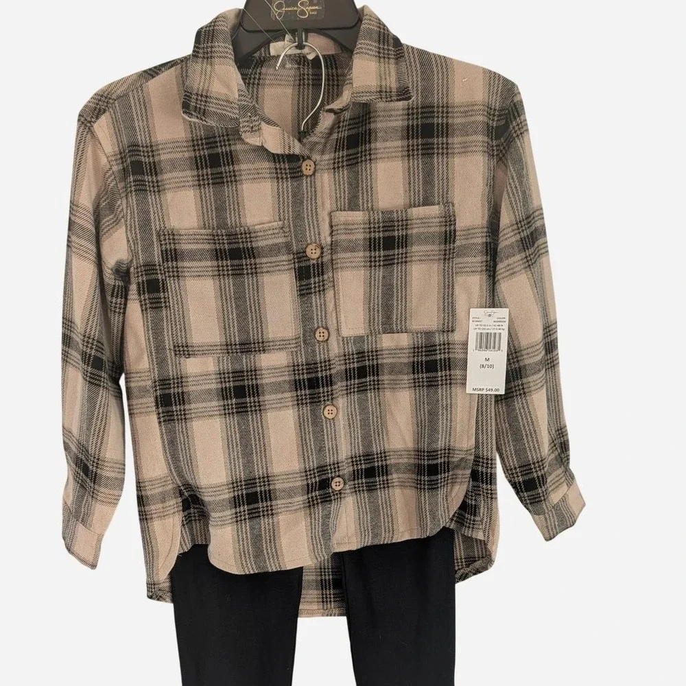 NWT Jessica Simpson black beige plaid button up shirt & black leggings Set 8/10